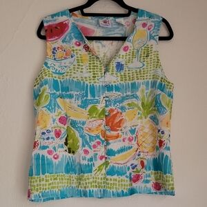 Vintage '80s Tropical Fruit Front Close Lightweight Summer Sleeveless Top